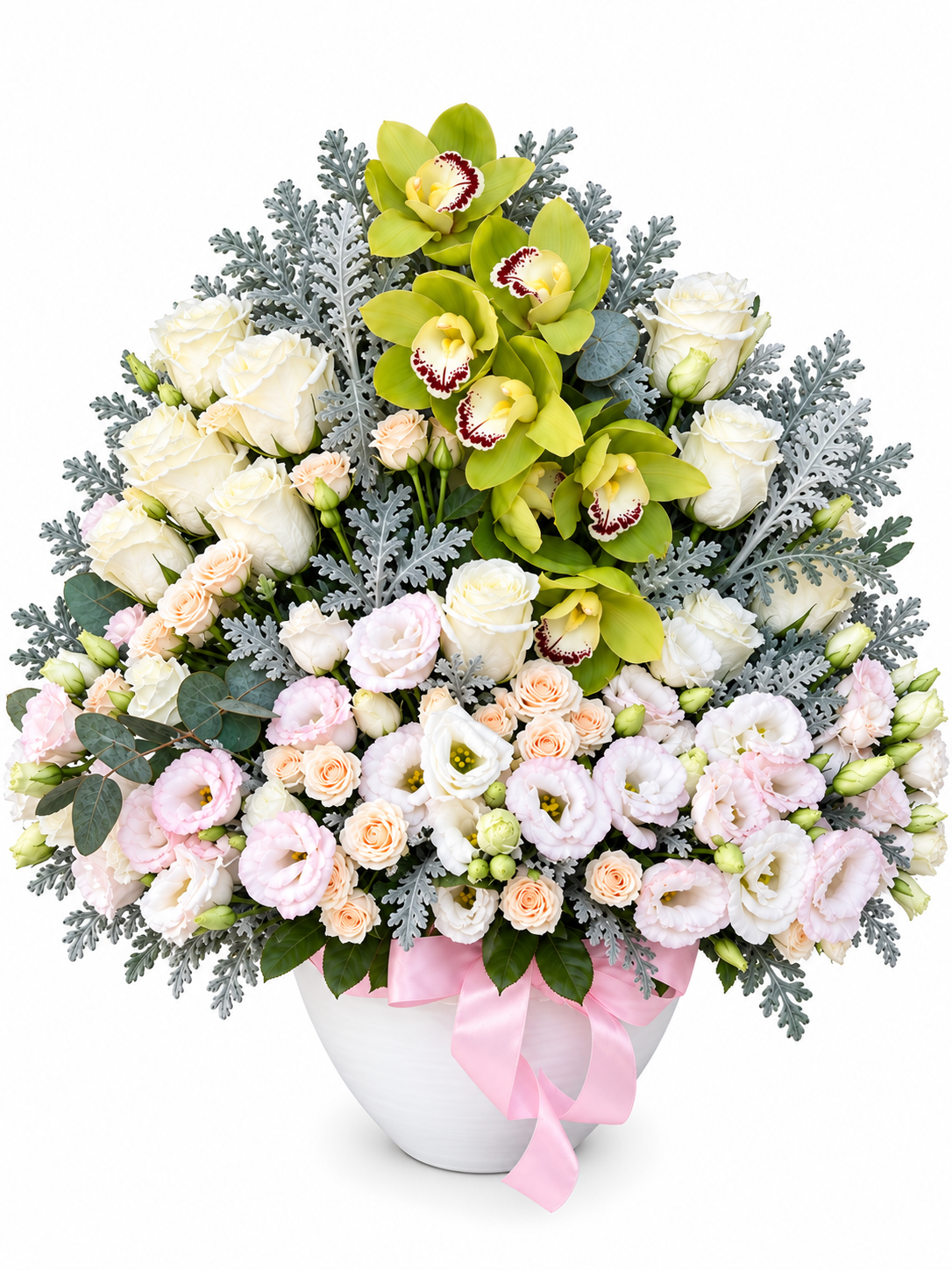 THE FLOWER EMPRESS with green orchids, white roses and blush flowers in a white container with a pink ribbon.