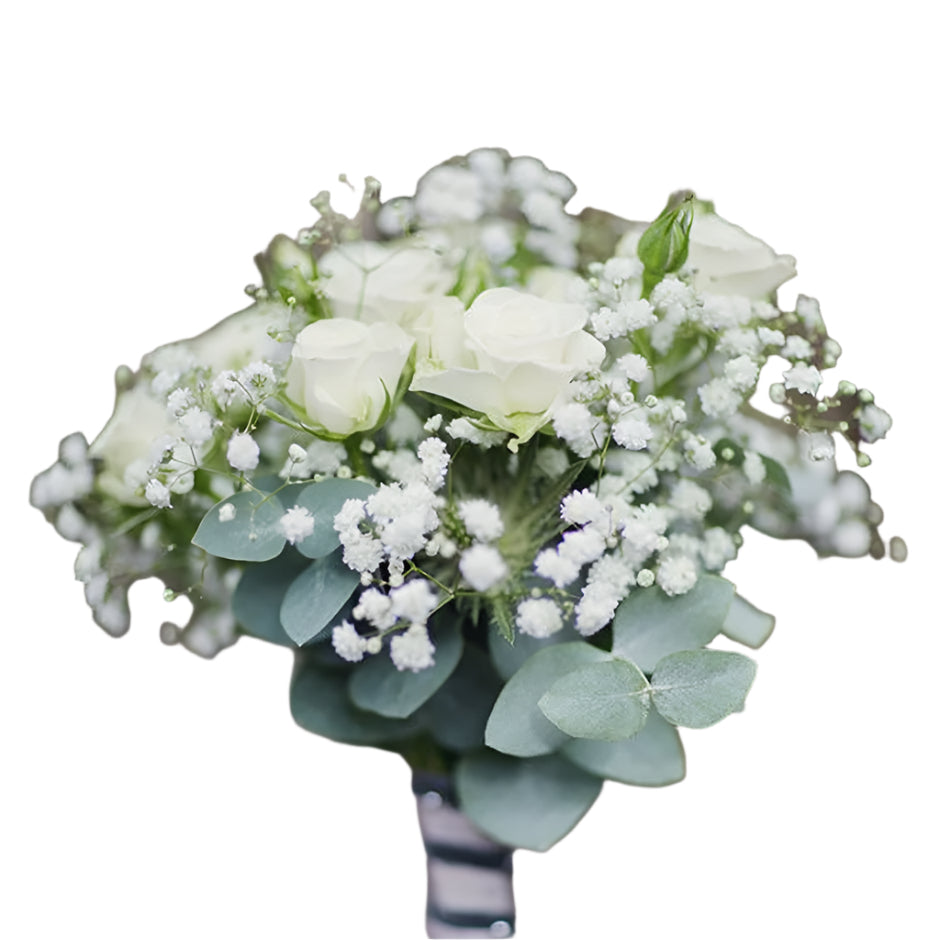 A bouquet of white roses with baby's breath and green foliage, arranged and ready for delivery.