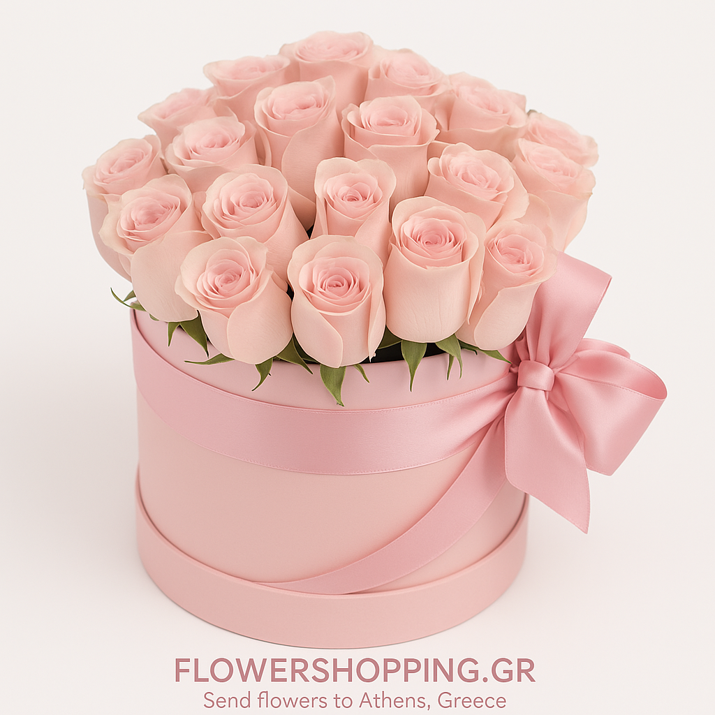 Elegant round pink box filled with soft pink roses and tied with a satin ribbon bow, photographed on a clean white background with the watermark "flowershopping.gr" in dark grey letters at the bottom