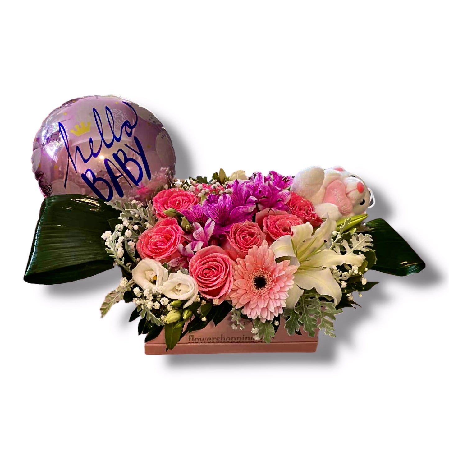Floral arrangement with a 'hello BABY' balloon on a white background