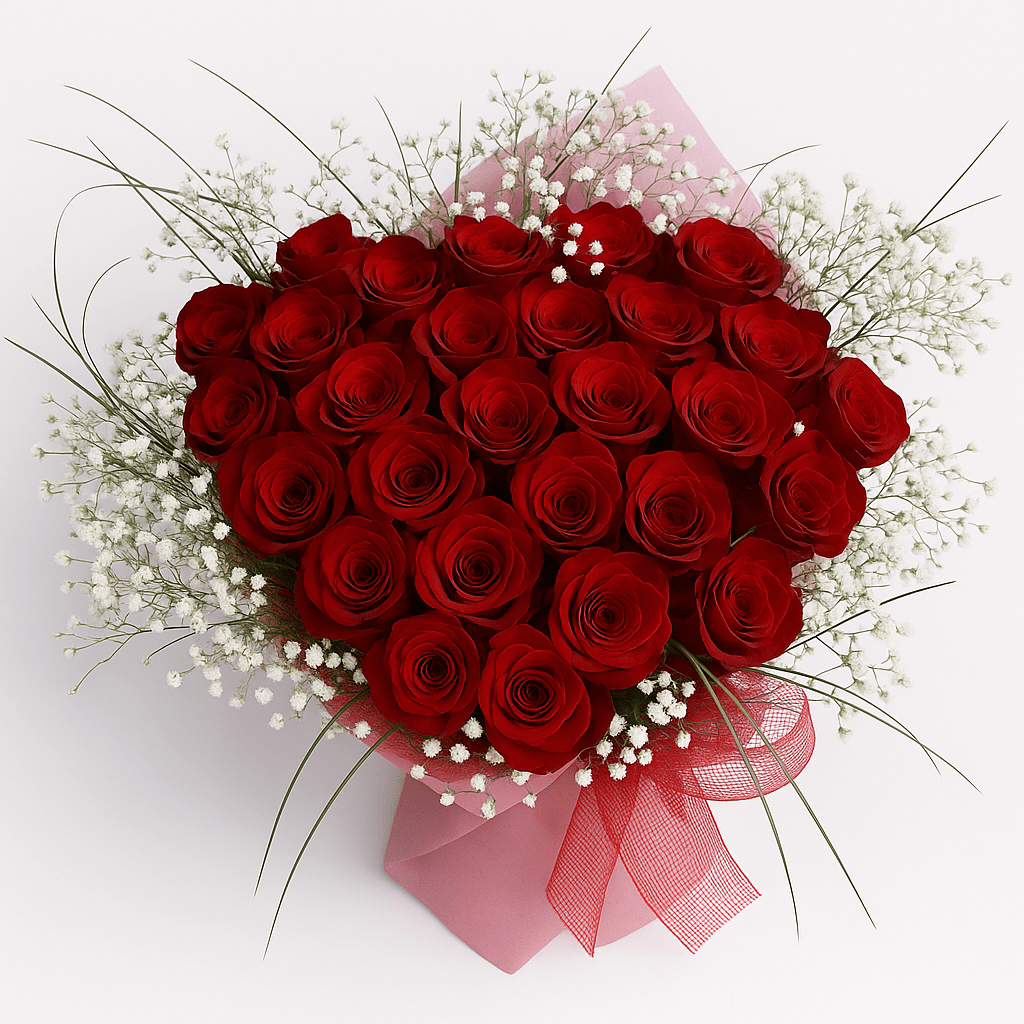 Heart-shaped bouquet of realistic deep red roses surrounded by white baby's breath and green foliage, wrapped in pink paper with a red ribbon, placed on a soft white background. Discreet text at the bottom reads "flowershopping.gr – send flowers to greece