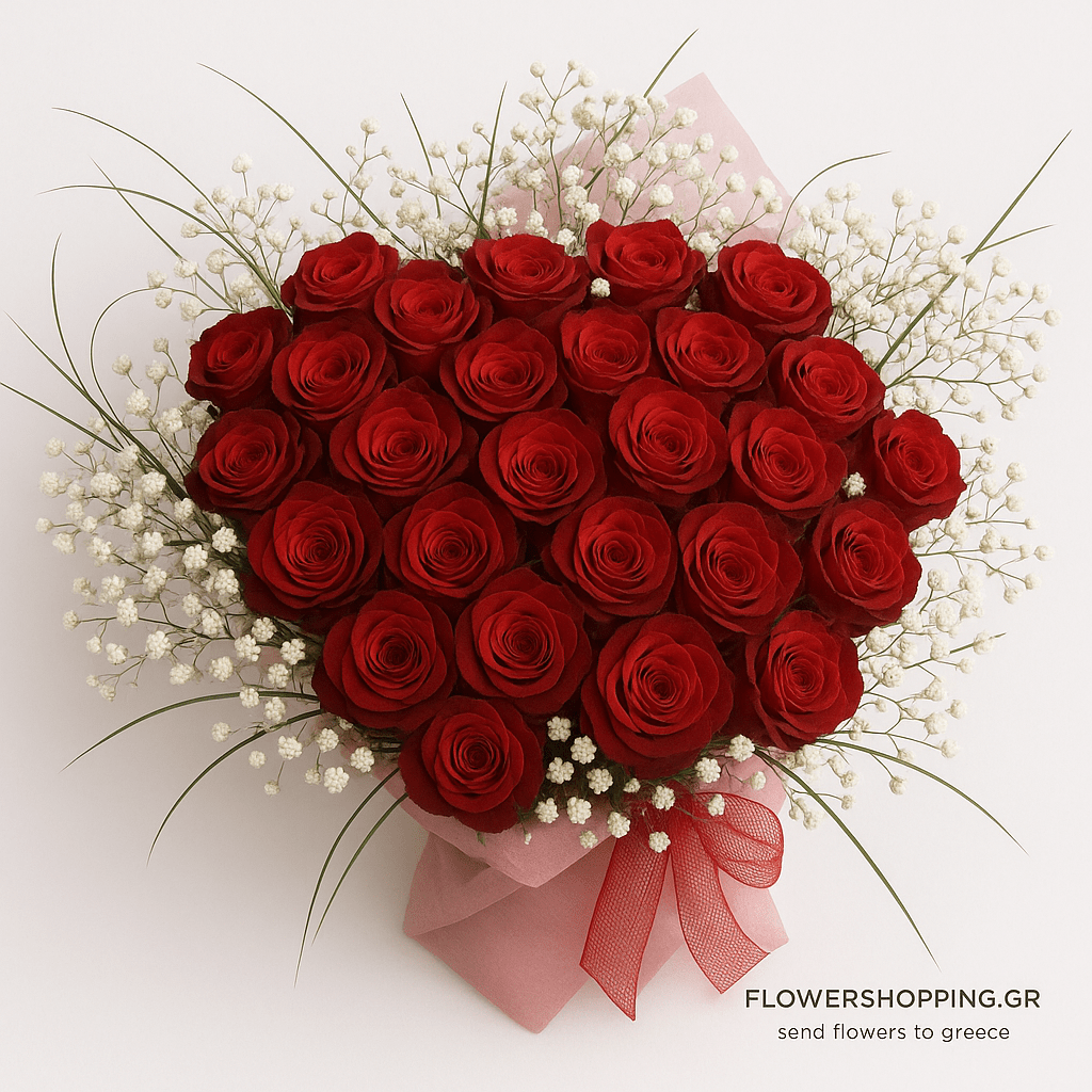 Heart-shaped bouquet of realistic deep red roses surrounded by white baby's breath and green foliage, wrapped in pink paper with a red ribbon, placed on a soft white background. Discreet text at the bottom reads "flowershopping.gr – send flowers to greece