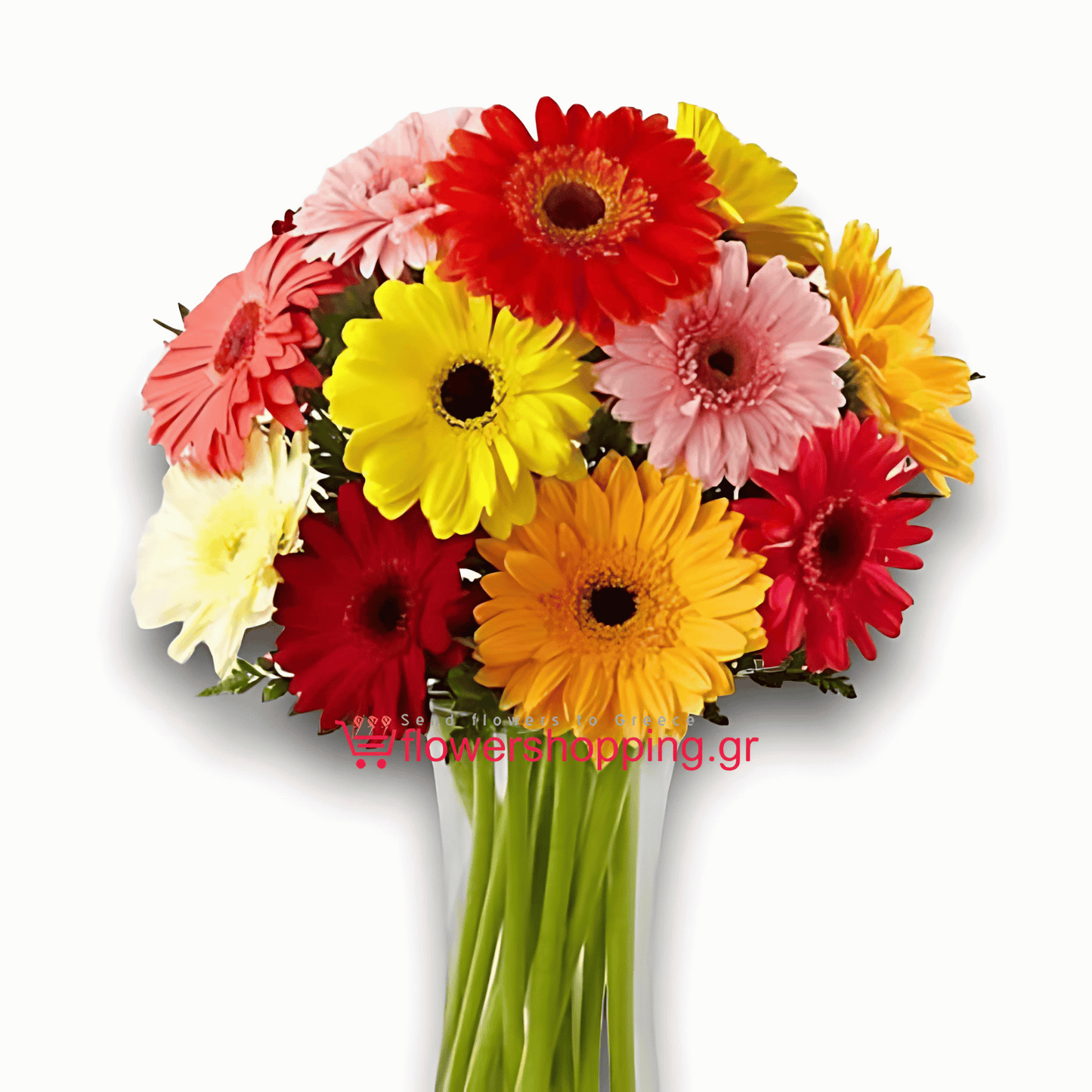 A bouquet of vibrant Gerbera daisies in various colors, including red, yellow, pink, white, and orange, with long green stems. The watermark 'flowershopping.gr' is visible at the bottom of the image