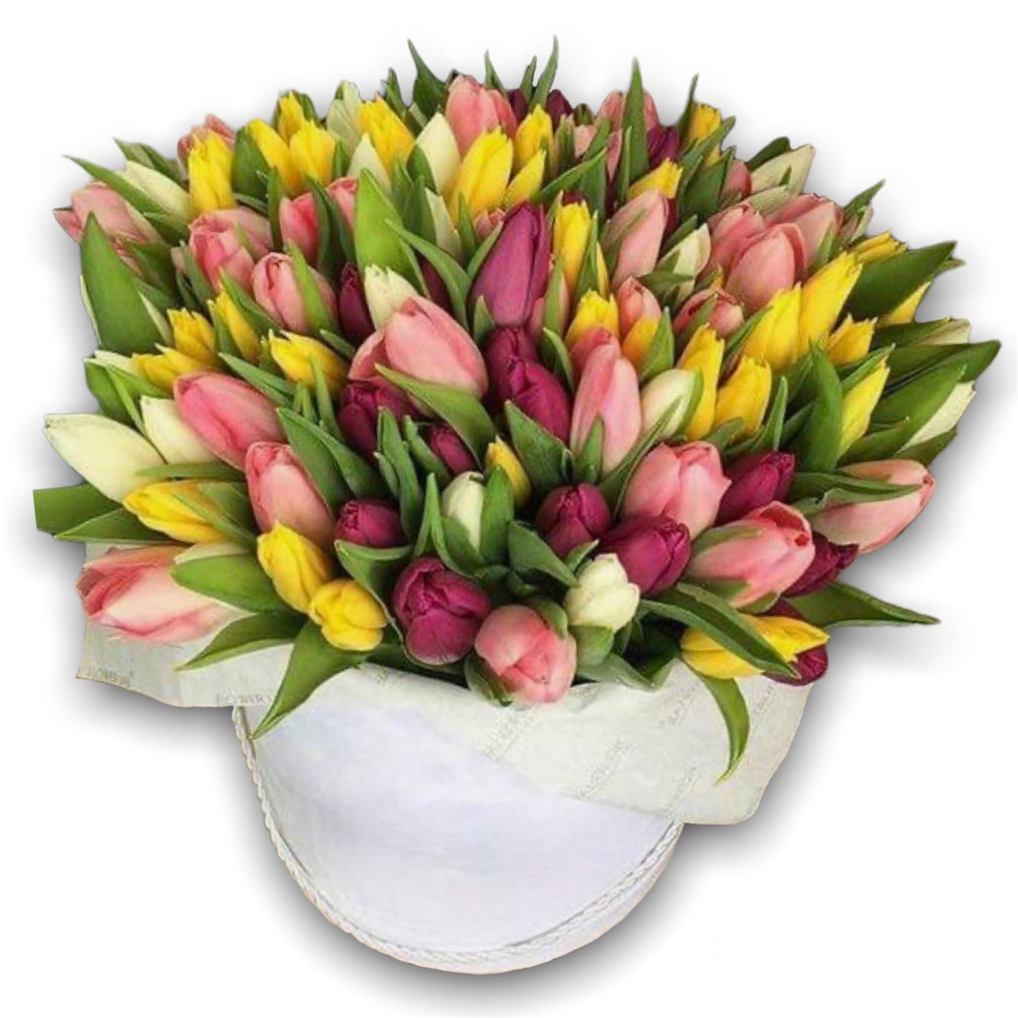 "A luxurious floral arrangement featuring 100 vibrant fresh tulips, elegantly boxed for a timeless gift. Ideal for Mother’s Day, birthdays, and special celebrations. Premium flower delivery in Athens, Greece."