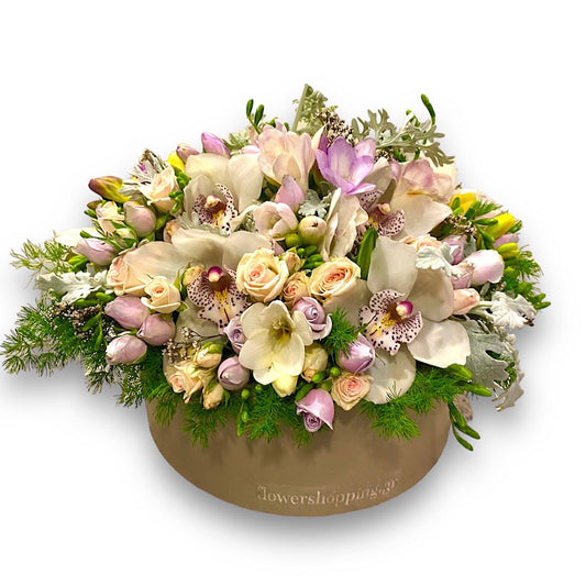 Sky Fall luxury flower box with blue and purple blooms for delivery in Athens, Greece