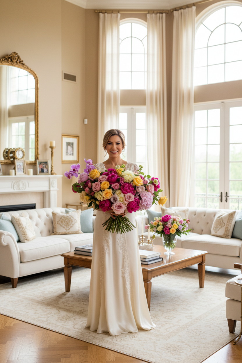 Μητέρα με λουλούδια σε όμορφο σπίτι