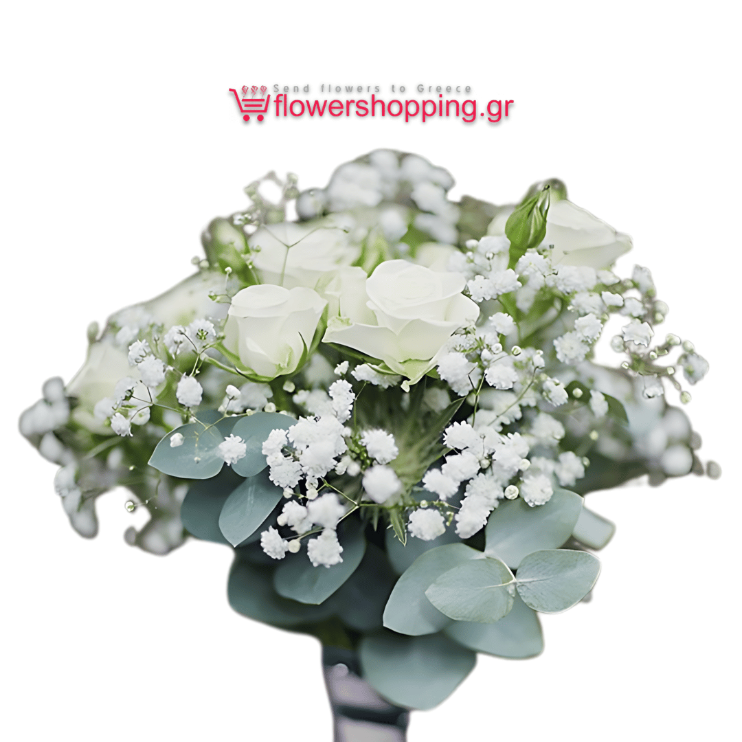 A bouquet of white roses and gypsophila with greenery, tied together, featuring the flowershopping.gr logo