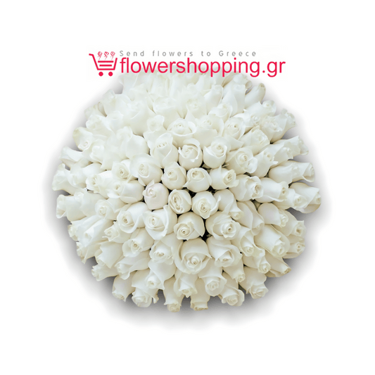 A stunning bouquet of 50 white Avalanche Roses from flowershopping.gr, arranged in a perfectly round shape with the text 'Send flowers to Greece' and 'flowershopping.gr' in the background