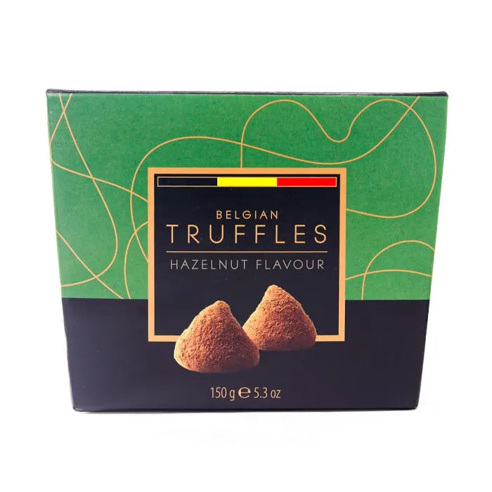 Box of Belgian truffles with hazelnut flavor on a green and black background