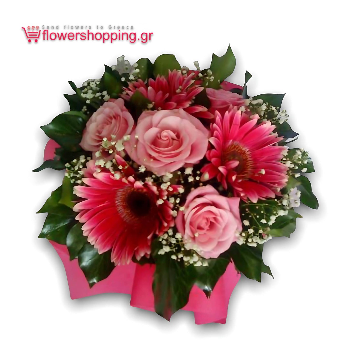 Chic and stylish floral arrangement with pink roses and gerberas, accented with lush greens, perfect for birthdays or special occasions. Available for same-day delivery in Athens