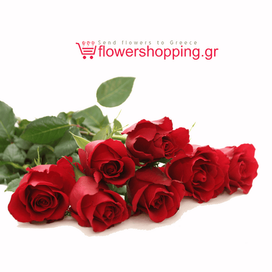 Fresh red roses bouquet from flowershopping.gr with text 'Send flowers to Greece' and 'flowershopping.gr' in the background