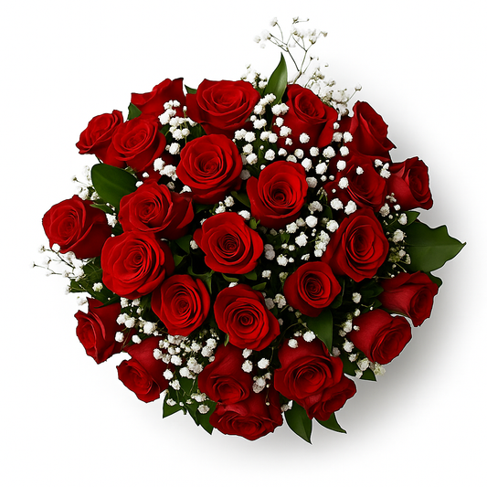 Natural bouquet of red roses and baby's breath with green foliage on white background – ideal for romantic flower delivery in Athens