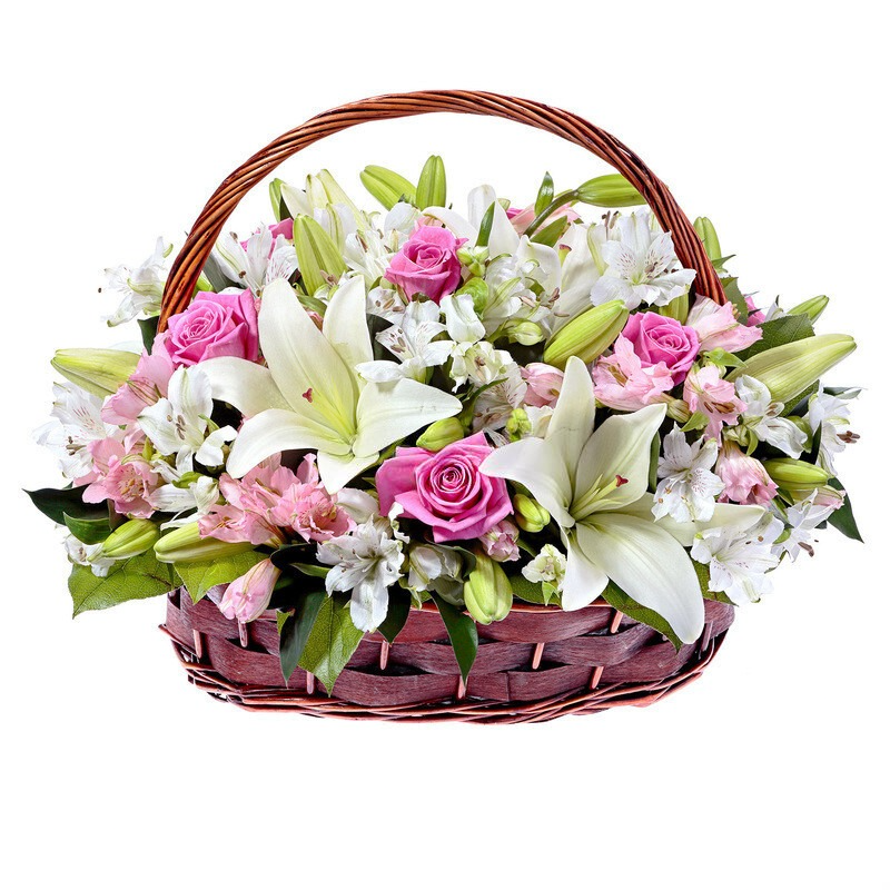 Romantic basket pink roses & white lilies - Athens Flower Delivery