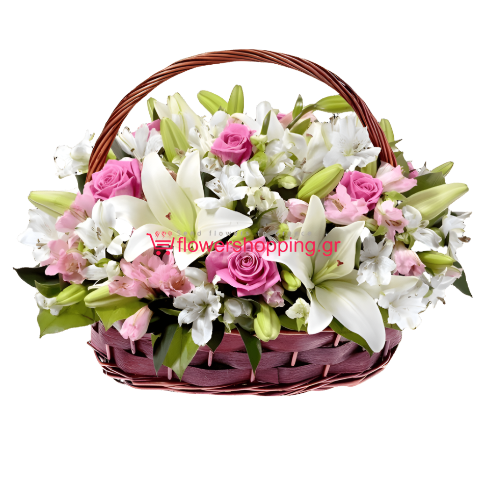 romantic-basket-hot-pink-roses-white-lilies