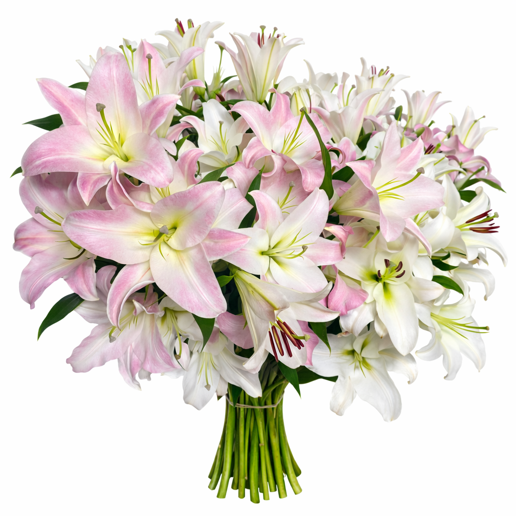 Bouquet of pink and white lilies on a white background