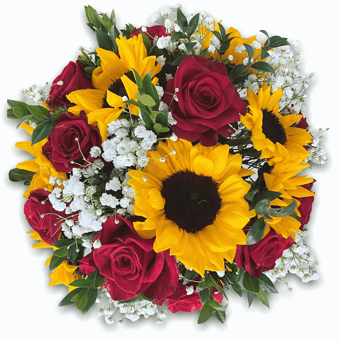 Beautiful bouquet of red roses, sunflowers, gypsophila, and greenery from flowershopping.gr, perfect for sending to loved ones in Athens, Greece. Free Athens delivery available