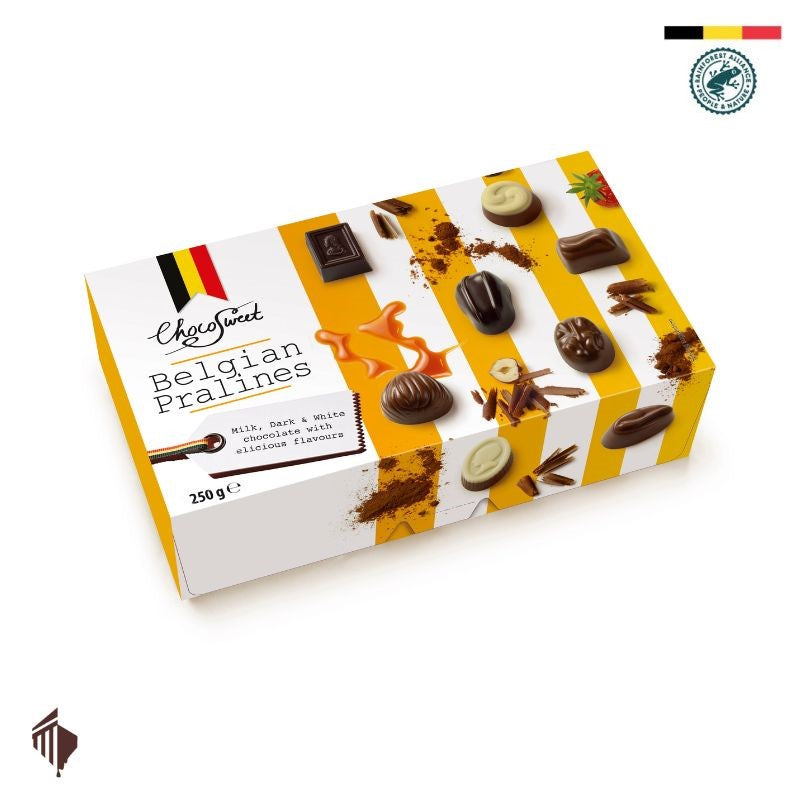 Box of Belgian pralines with a white background