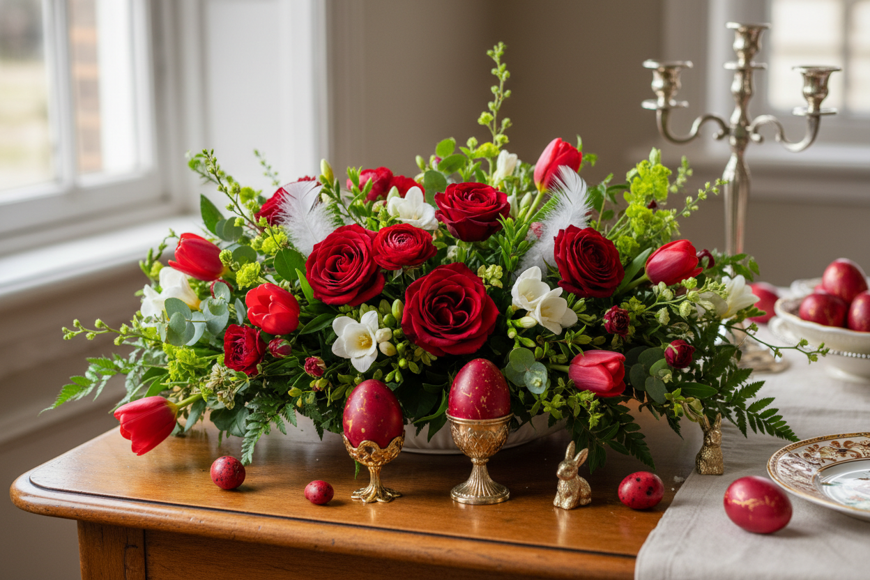 Easter Red Flowers and Eggs