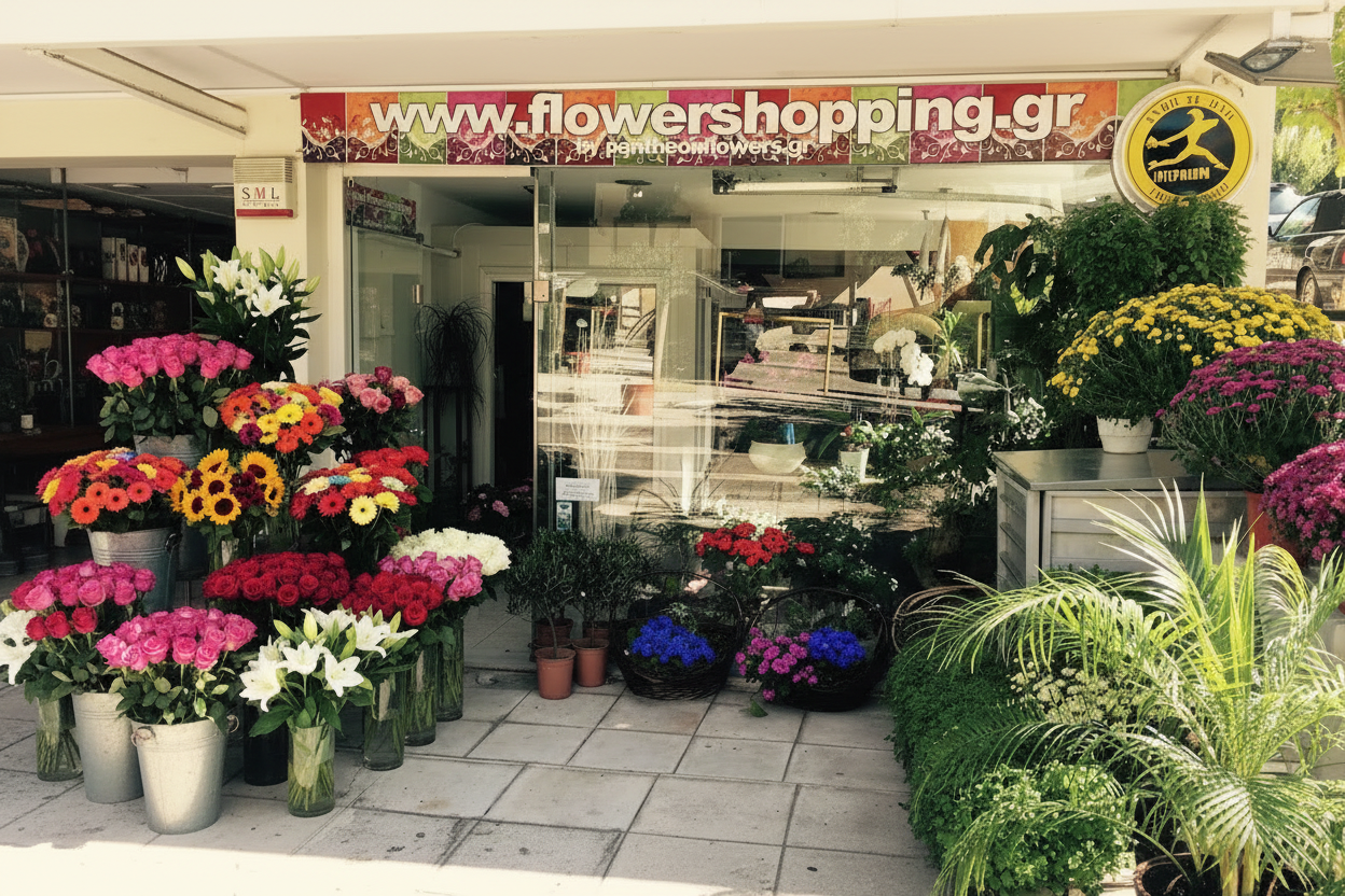 Flowershopping.gr Banner with Red Sign
