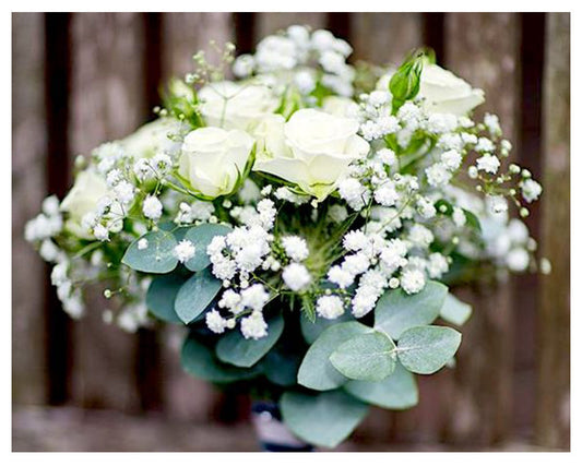 10 White RosesA bouquet of white roses and gypsophila with greenery, tied together, featuring the flowershopping.gr logo