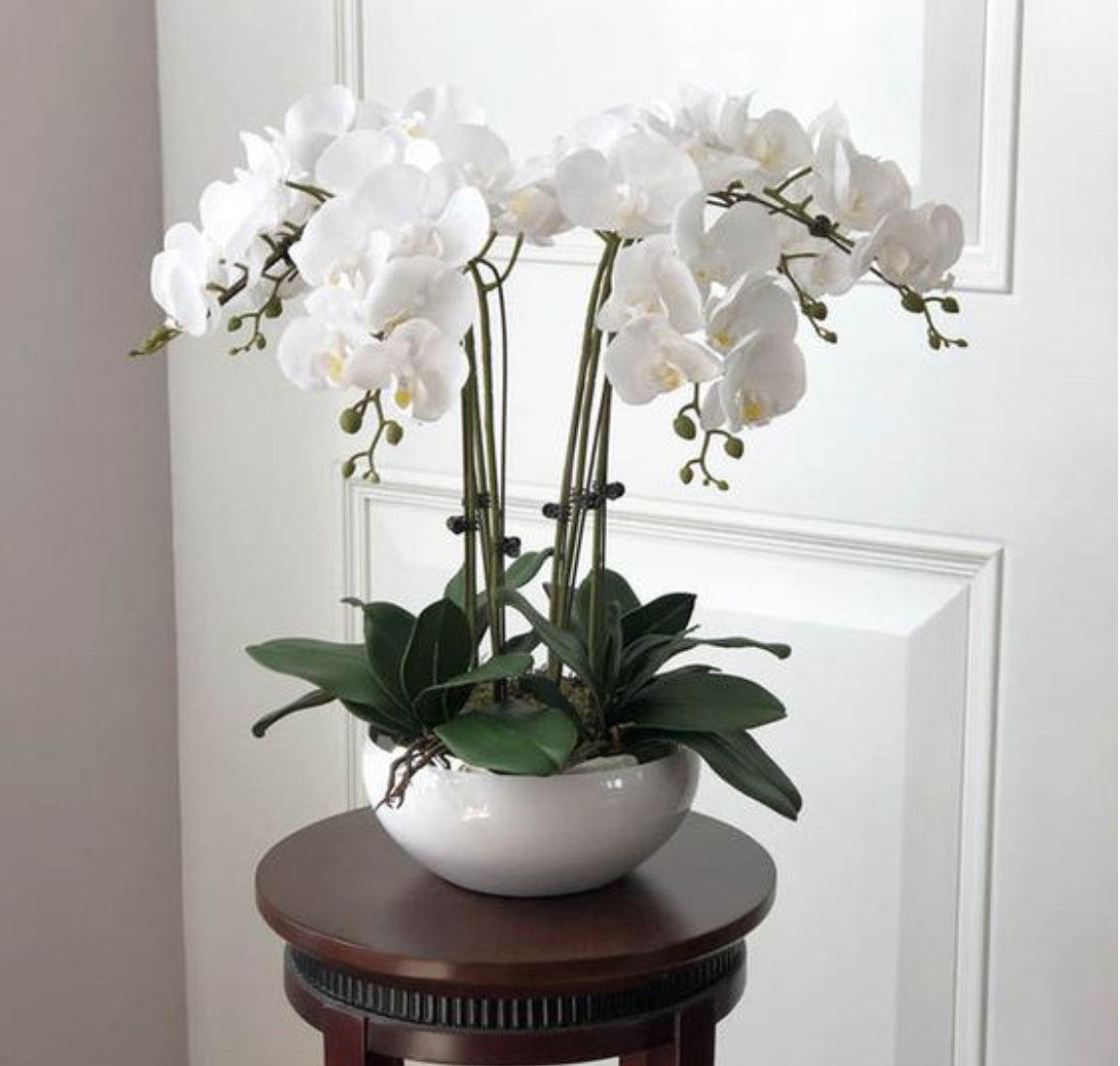 Ikariam OrchidsAn elegant arrangement of white orchids displayed in a sleek white ceramic bowl, set on a round wooden table