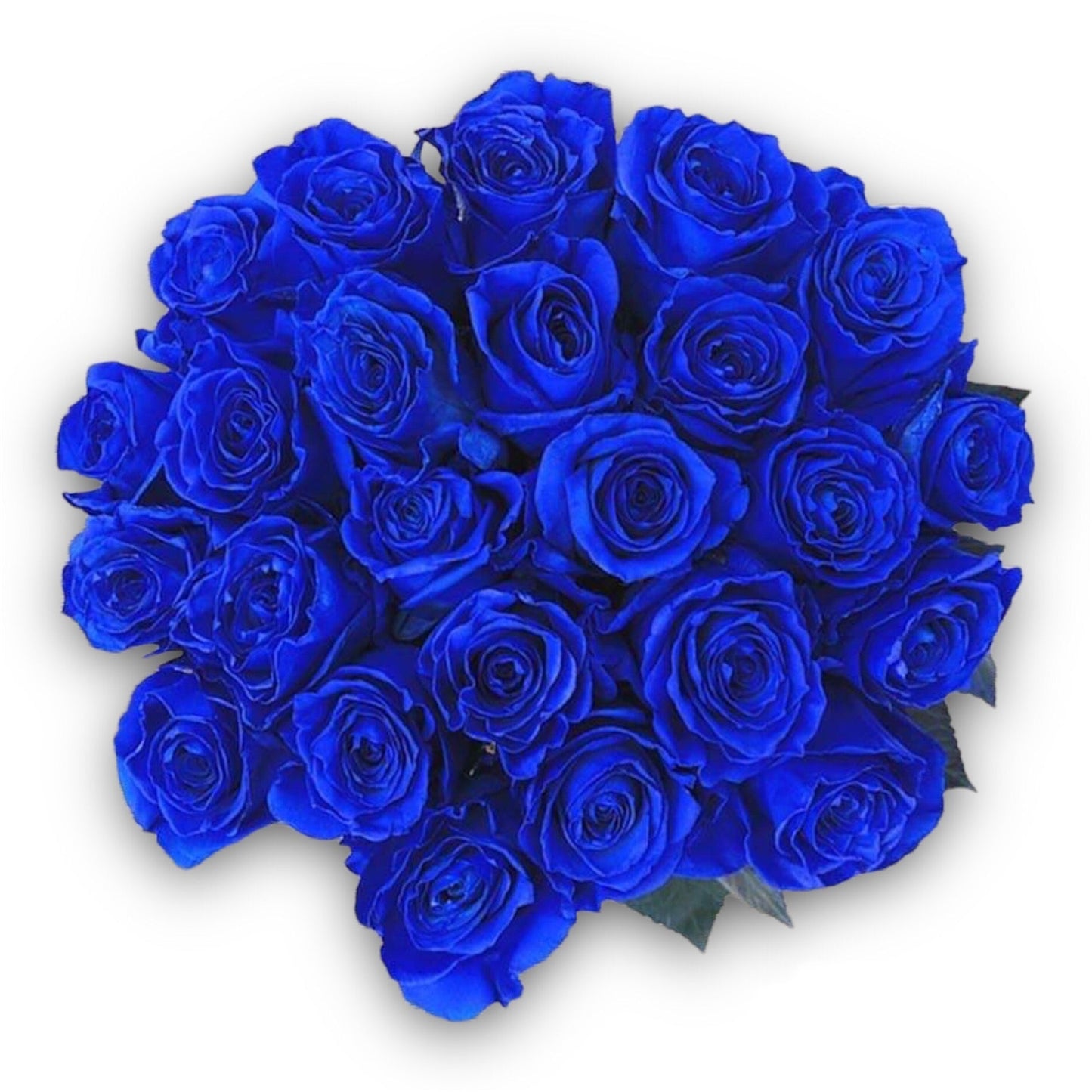 A stunning bouquet of vibrant blue roses arranged in a dense cluster, showcasing the unique and bold color of the petals against a white background