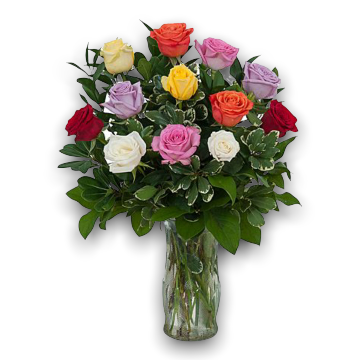 A_beautiful_bouquet_of_multicolored_roses_arranged_in_a_clear_glass_vase._The_roses_come_in_various_hues_including_red_yellow_orange_pink_white_and_purple_interspersed_with_green_leav