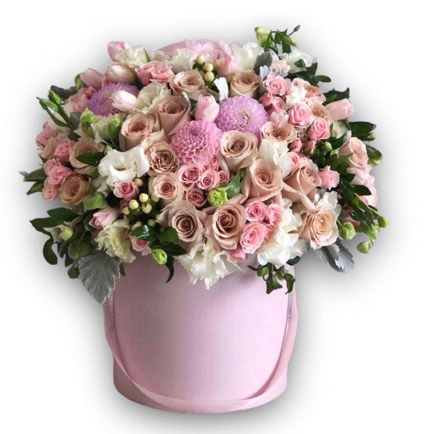 A luxury pink box filled with fresh pink roses, ideal for gifting and flower delivery in Athens from flowershopping.gr, premier florist in Athens.