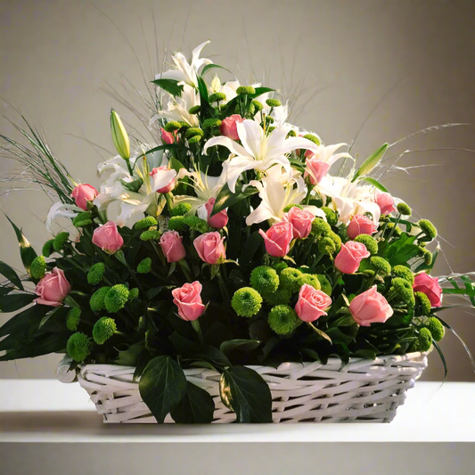 Elegant basket of pink roses, white lilies, and green chrysanthemums. Perfect for sending flowers to Athens. Available at local flower shop