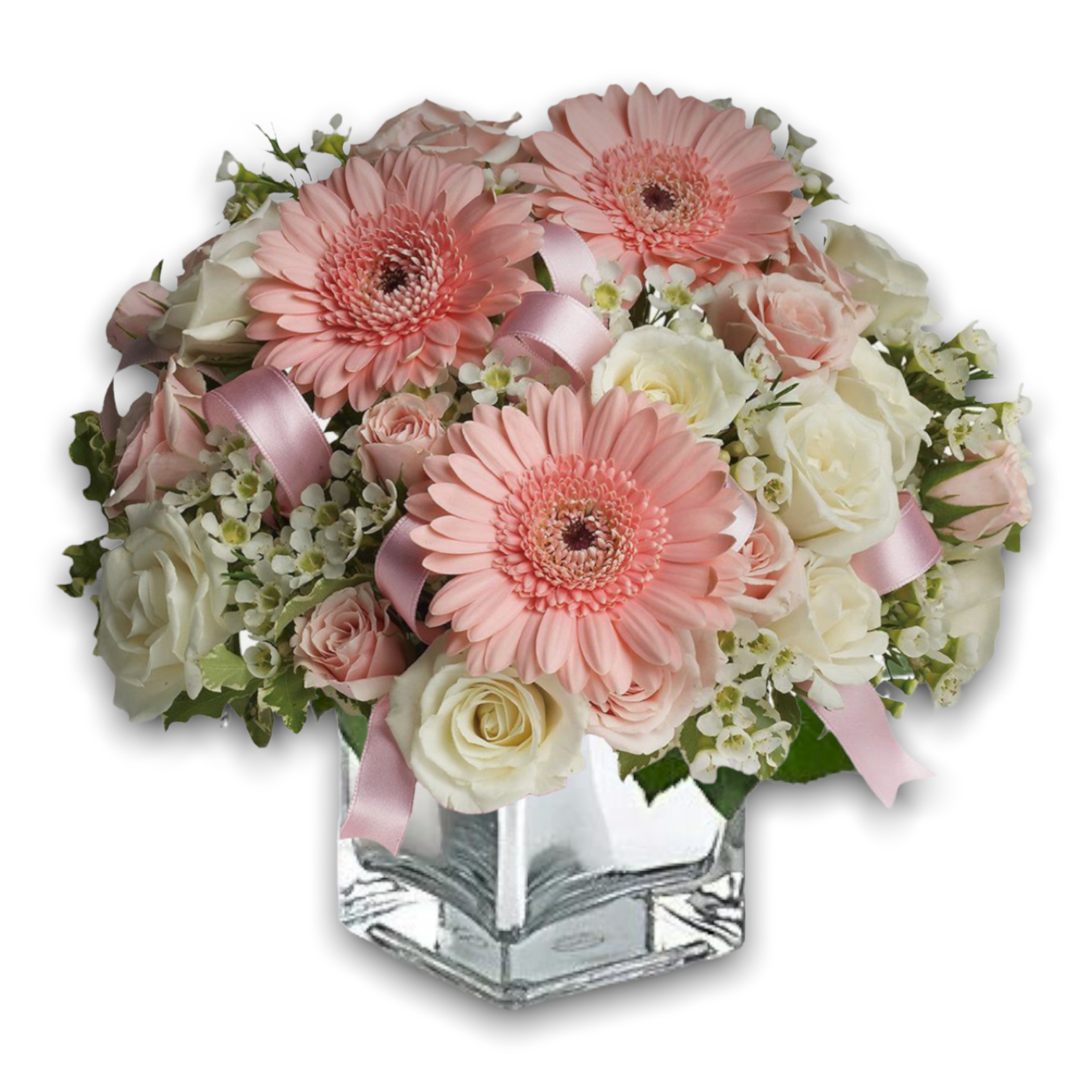 Elegant flower arrangement in a glass vase featuring soft pink Gerberas, white roses, and delicate greenery. Perfect for flower delivery in Athens, Greece. Available at FlowerShopping.gr.