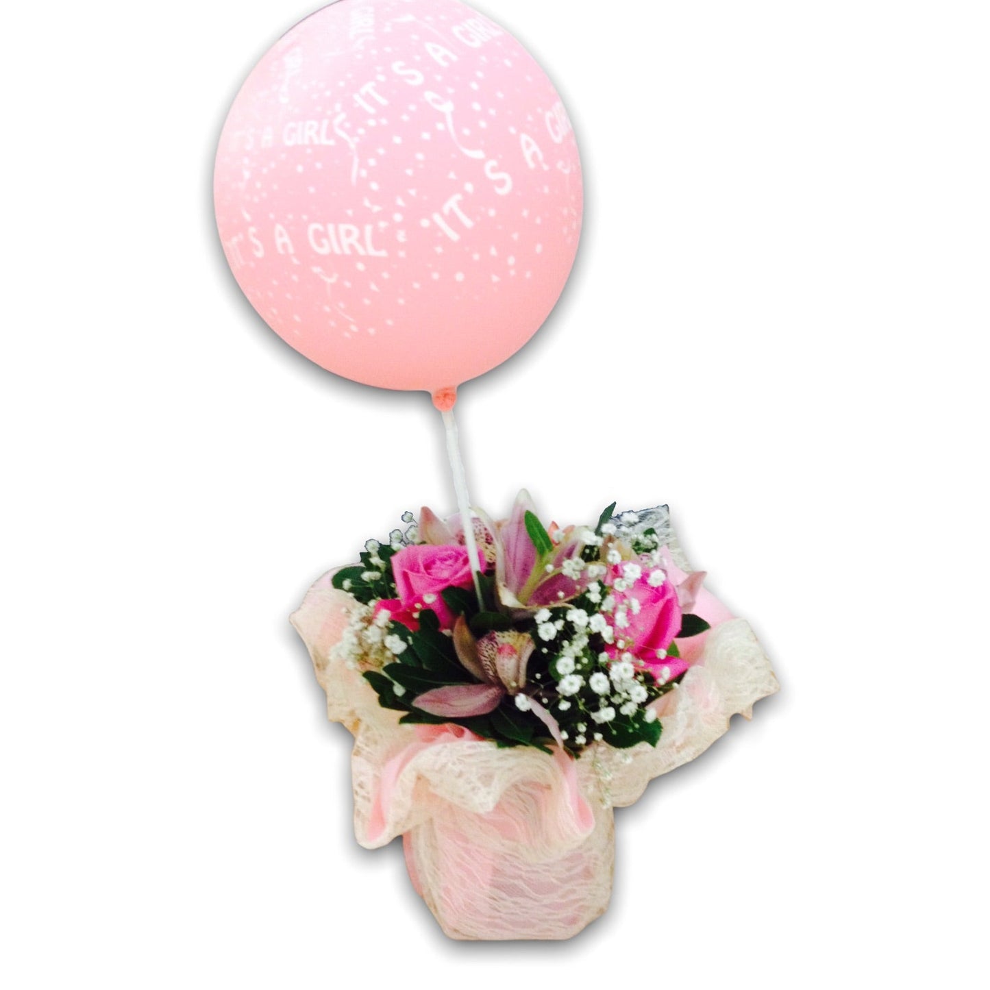 “It’s a Girl” bouquet with pink flowers and balloon – same-day flower delivery to REA Maternity Hospital in Athens
