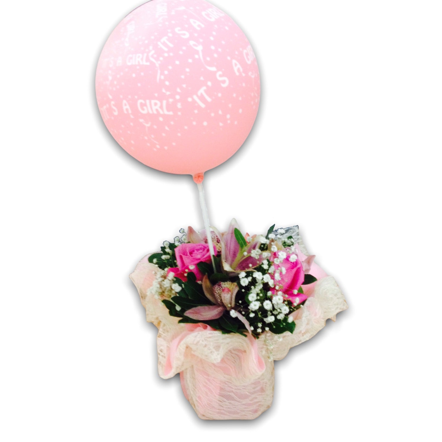“It’s a Girl” bouquet with pink flowers and balloon – same-day flower delivery to REA Maternity Hospital in Athens
