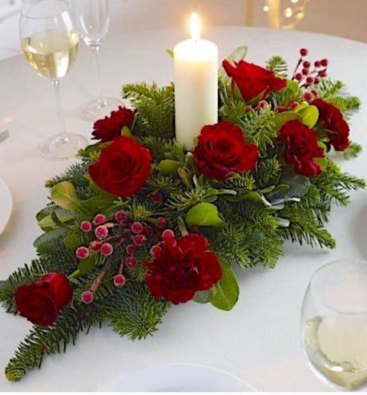 Surprise your Greek friends with a gorgeous arrangement of flowers from flowershopping.gr! We offer free delivery to Athens Basin. Our Classic Christmas bouquet boasts vibrant red roses, seasonal greenery, and a dazzling white candle!