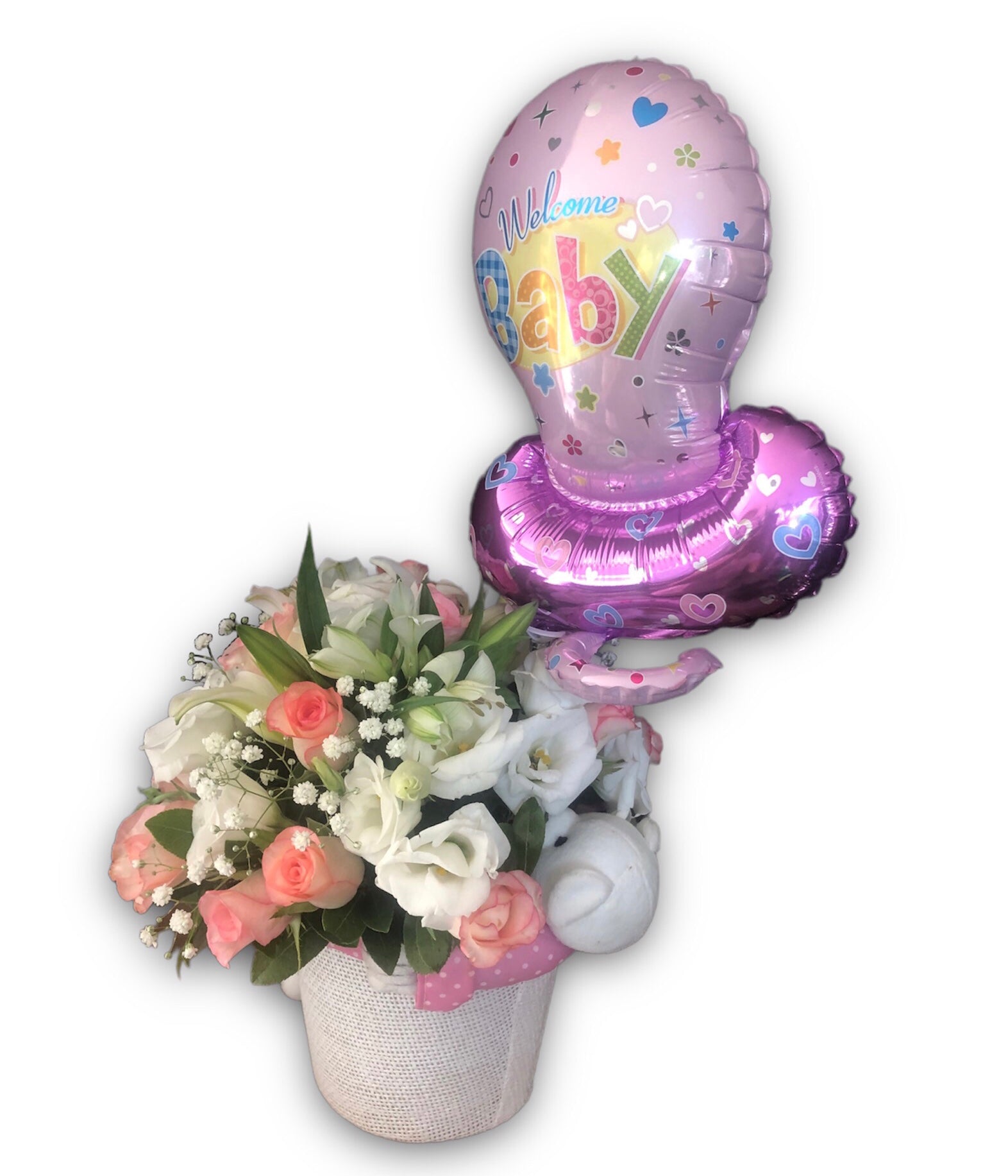 Welcome Baby Girl flower arrangement with pink and white flowers and a pink 'Welcome Baby' balloon, ideal for delivery to maternity hospitals in Athens, including LITO, REA, IASO, MITERA, GAIA, ELENA, and ALEXANDRA